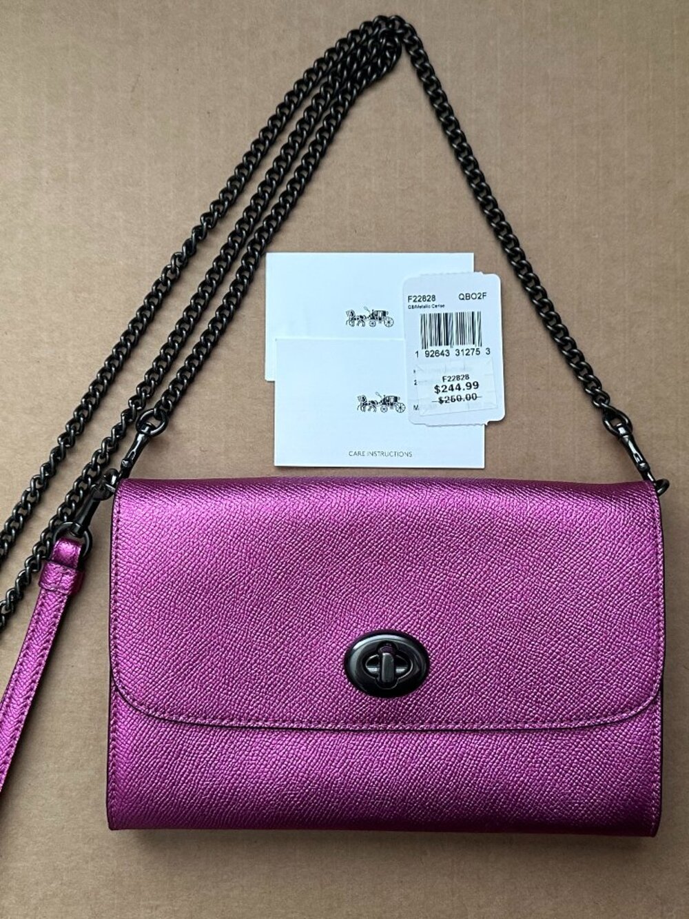 Hot pink magenta metallic Coach crossbody turn lock wallet wristlet on chain